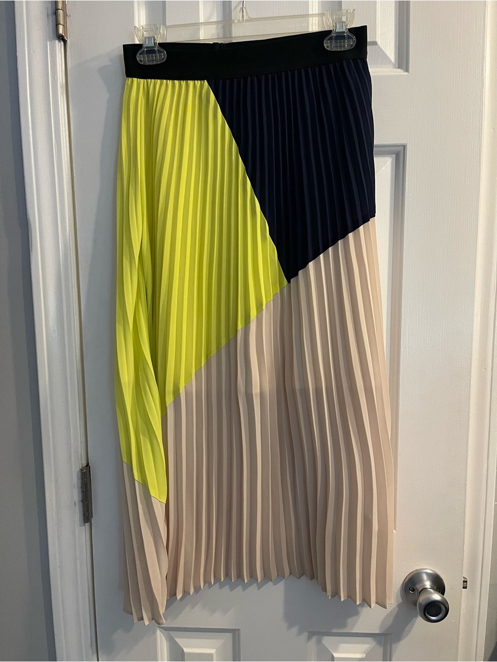 Pleated Colorblock Midi Skirt in Yellow, Navy & Cream